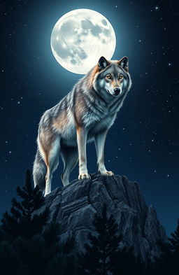 A majestic wolf standing atop a rocky cliff under a full moon, with a starry night sky in the background