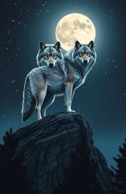 A majestic wolf standing atop a rocky cliff under a full moon, with a starry night sky in the background