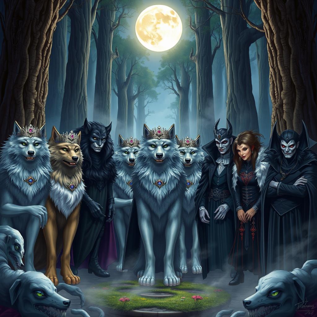 A vibrant fantasy illustration depicting nine wolf princes and seven vampires gathered in a mystical forest setting