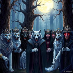 A vibrant fantasy illustration depicting nine wolf princes and seven vampires gathered in a mystical forest setting