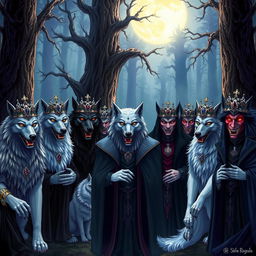 A vibrant fantasy illustration depicting nine wolf princes and seven vampires gathered in a mystical forest setting