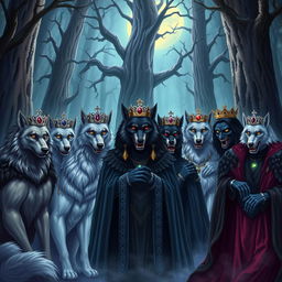 A vibrant fantasy illustration depicting nine wolf princes and seven vampires gathered in a mystical forest setting