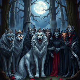 A vibrant fantasy illustration depicting nine wolf princes and seven vampires gathered in a mystical forest setting