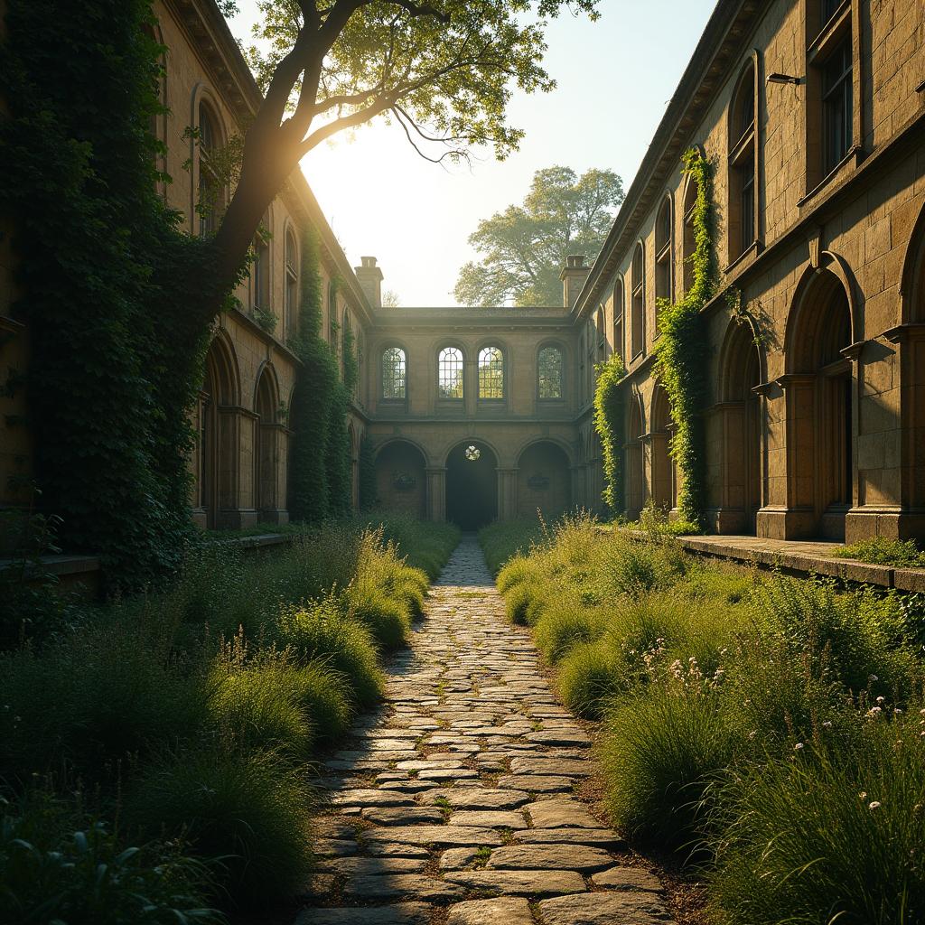 An abandoned and overgrown Oxford University, with ivy-covered stone buildings, crumbling facades, and empty lecture halls