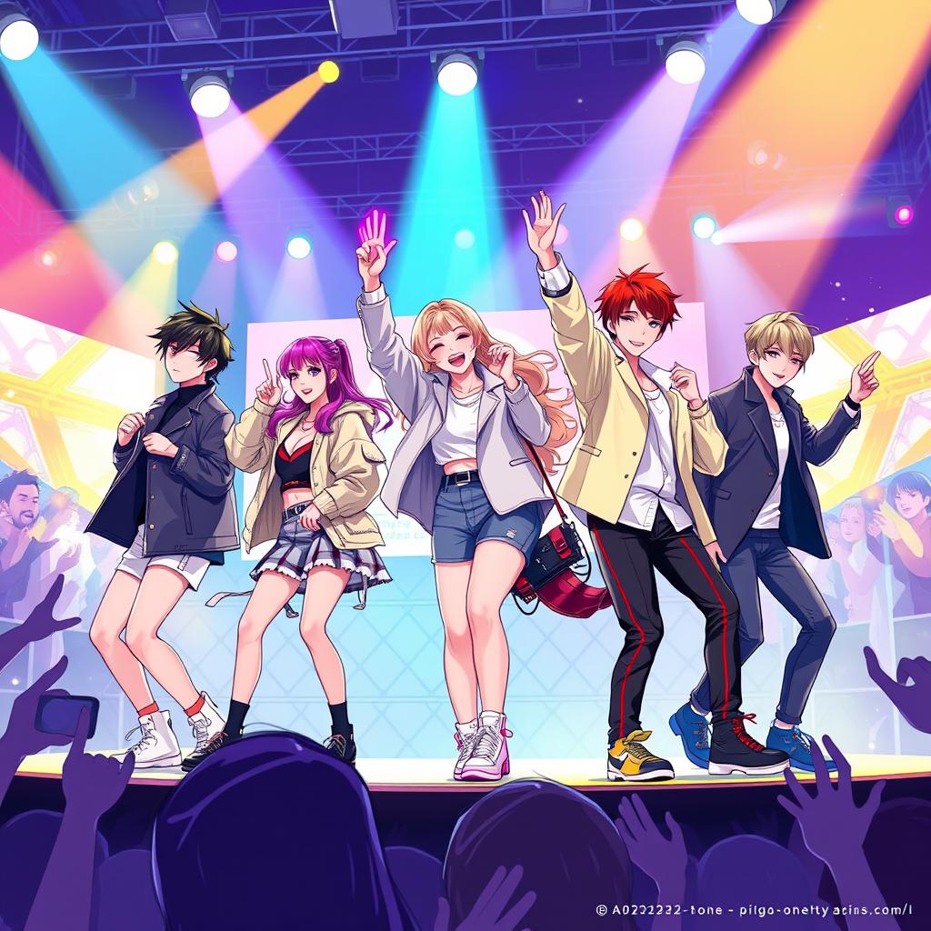 A dynamic and colorful digital illustration featuring members of the K-pop groups ENHYPEN and ANDTEAM in a lively concert setting