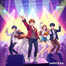 A dynamic and colorful digital illustration featuring members of the K-pop groups ENHYPEN and ANDTEAM in a lively concert setting