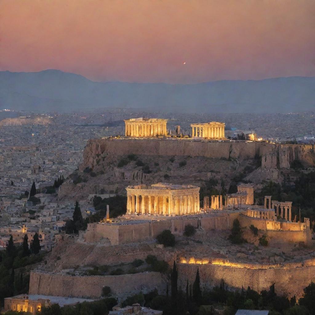 Ancient Greece and Iran side by side, showcasing the Parthenon and a Persian palace, encapsulating similarities and contrasts in architecture, culture and lifestyle under a unifying sunset.