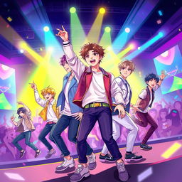 A dynamic and colorful digital illustration featuring members of the K-pop groups ENHYPEN and ANDTEAM in a lively concert setting