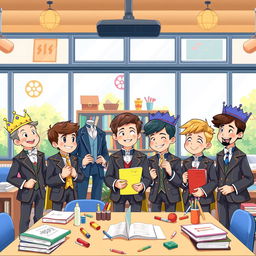 An engaging and colorful illustration depicting nine princes attending a modern school setting