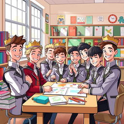 An engaging and colorful illustration depicting nine princes attending a modern school setting