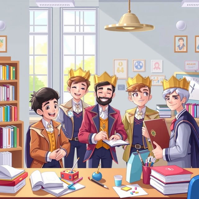 An engaging and colorful illustration depicting nine princes attending a modern school setting