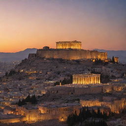 Ancient Greece and Iran side by side, showcasing the Parthenon and a Persian palace, encapsulating similarities and contrasts in architecture, culture and lifestyle under a unifying sunset.