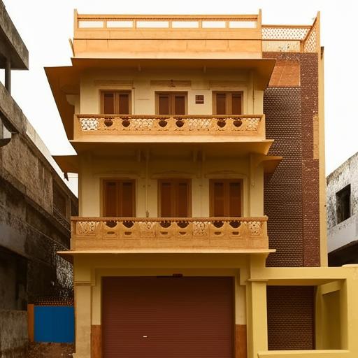 West-facing Indian-style building front elevation design, 22 feet wide and 40 feet tall, having a staircase on the right side.