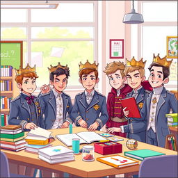 An engaging and colorful illustration depicting nine princes attending a modern school setting