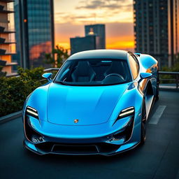 A futuristic 2050 Porsche, featuring sleek aerodynamic lines, vibrant electric blue color, and advanced technology design elements