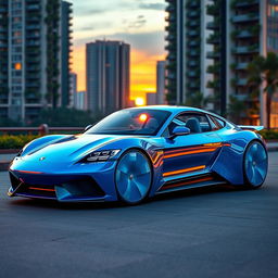 A futuristic 2050 Porsche, featuring sleek aerodynamic lines, vibrant electric blue color, and advanced technology design elements