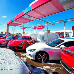 A vibrant car wash dealership scene featuring multiple red and white cars, gleaming under the sun