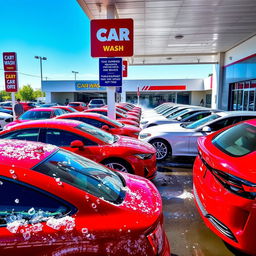 A vibrant car wash dealership scene featuring multiple red and white cars, gleaming under the sun