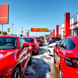 A vibrant car wash dealership scene featuring multiple red and white cars, gleaming under the sun