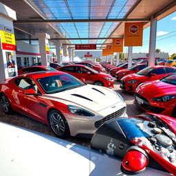 A vibrant car wash dealership scene featuring multiple red and white cars, gleaming under the sun