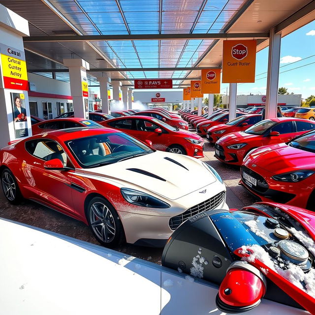 A vibrant car wash dealership scene featuring multiple red and white cars, gleaming under the sun