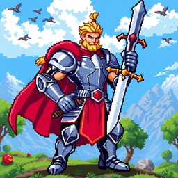 A detailed pixel art representation of a heroic character, featuring a muscular knight with a shining armor and a vibrant cape