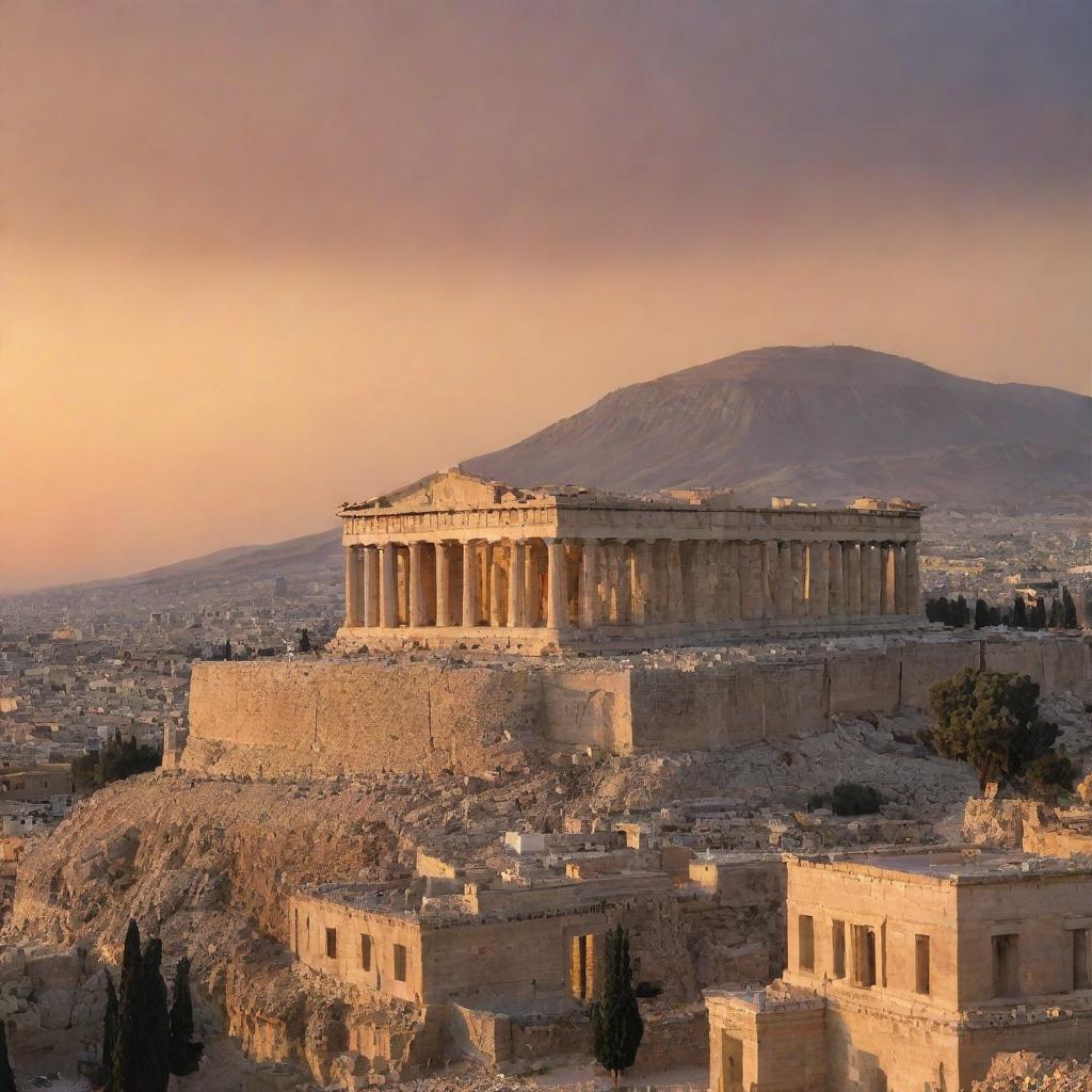 Ancient Greece and Iran side by side, showcasing the Parthenon and a Persian palace, encapsulating similarities and contrasts in architecture, culture and lifestyle under a unifying sunset.