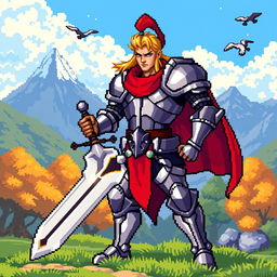 A detailed pixel art representation of a heroic character, featuring a muscular knight with a shining armor and a vibrant cape