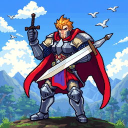 A detailed pixel art representation of a heroic character, featuring a muscular knight with a shining armor and a vibrant cape