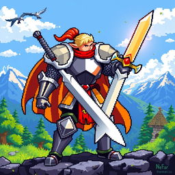 A detailed pixel art representation of a heroic character, featuring a muscular knight with a shining armor and a vibrant cape