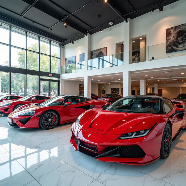 A luxurious indoor car dealership showcasing an impressive display of vibrant red and white supercars