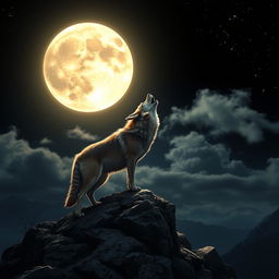 A breathtaking scene of a full moon illuminating a dark, starry night sky, casting silvery light over a serene landscape