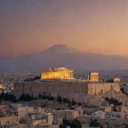 Ancient Greece and Iran side by side, showcasing the Parthenon and a Persian palace, encapsulating similarities and contrasts in architecture, culture and lifestyle under a unifying sunset.