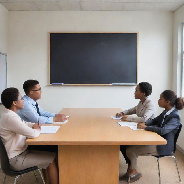 Alter the image to show power being centralized within a single figure or group: A single person or small group making all decisions, without consulting the school community, represented symbolically by controlling the blackboard or announcement board.