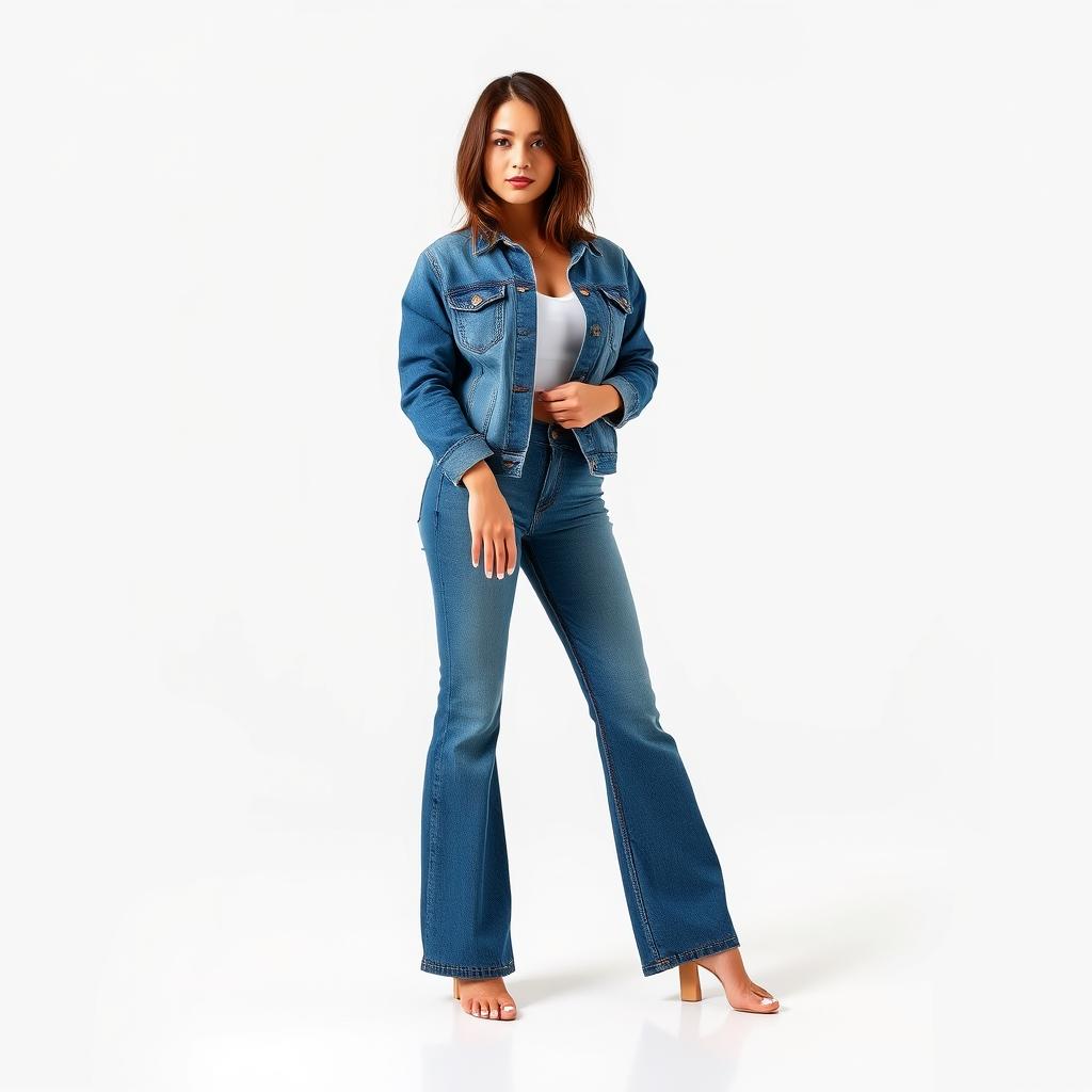 A stylish brunette woman wearing a denim jacket and flared blue jeans, standing barefoot on a clean floor with a plain white background