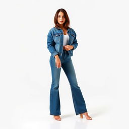 A stylish brunette woman wearing a denim jacket and flared blue jeans, standing barefoot on a clean floor with a plain white background