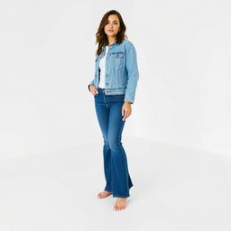 A stylish brunette woman wearing a denim jacket and flared blue jeans, standing barefoot on a clean floor that is painted white