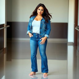 A stylish curvy brunette woman with flowing hair wearing a fitted denim jacket over a casual shirt, paired with flared blue jeans