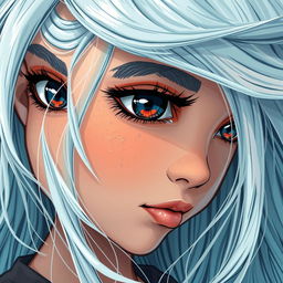 A close-up shot of a girl with striking white hair, portrayed in a vibrant mix of light teal and dark orange colors