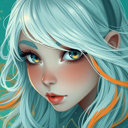 A close-up shot of a girl with striking white hair, portrayed in a vibrant mix of light teal and dark orange colors