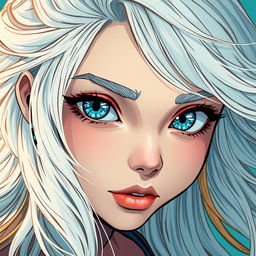 A close-up shot of a girl with striking white hair, portrayed in a vibrant mix of light teal and dark orange colors