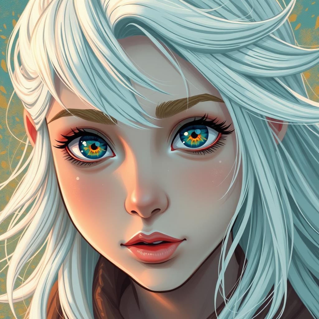 A close-up shot of a girl with striking white hair, portrayed in a vibrant mix of light teal and dark orange colors