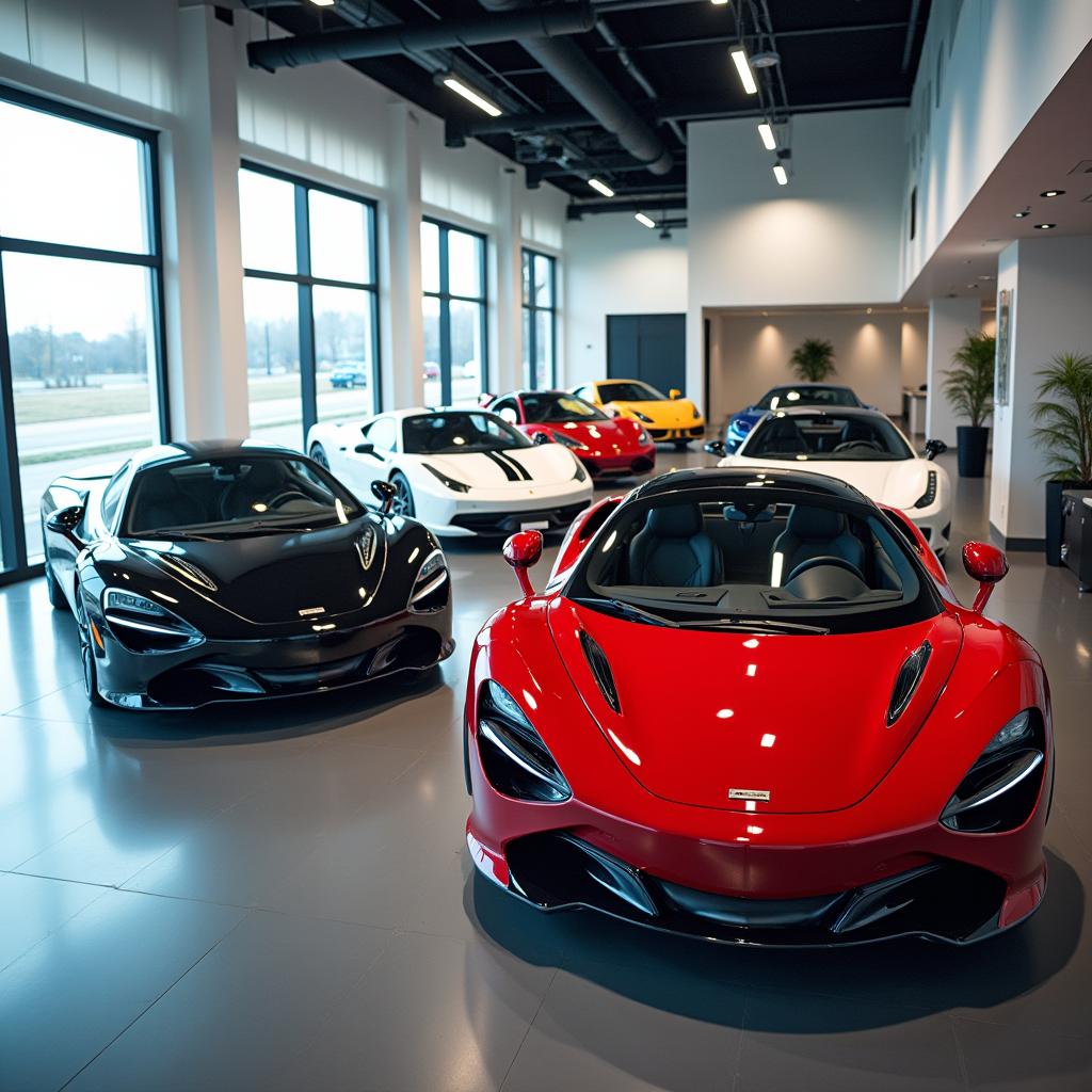 A well-lit car dealership showcasing a stunning lineup of supercars in vibrant red, sleek black, and pristine white colors