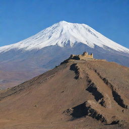 A majestic Sassanid castle perched atop the rugged slopes of Mount Damavand, under a crisp azure sky with snow-capped peak in the background.