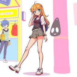 A youthful female character with long legs, wearing a stylish short skirt that complements her trendy look