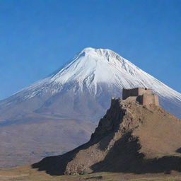 A majestic Sassanid castle perched atop the rugged slopes of Mount Damavand, under a crisp azure sky with snow-capped peak in the background.