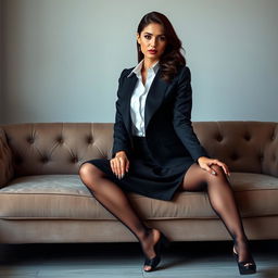 A stylish brunette woman elegantly attired in a tailored black blazer over a crisp white shirt, paired with a sophisticated black skirt and sheer black pantyhose