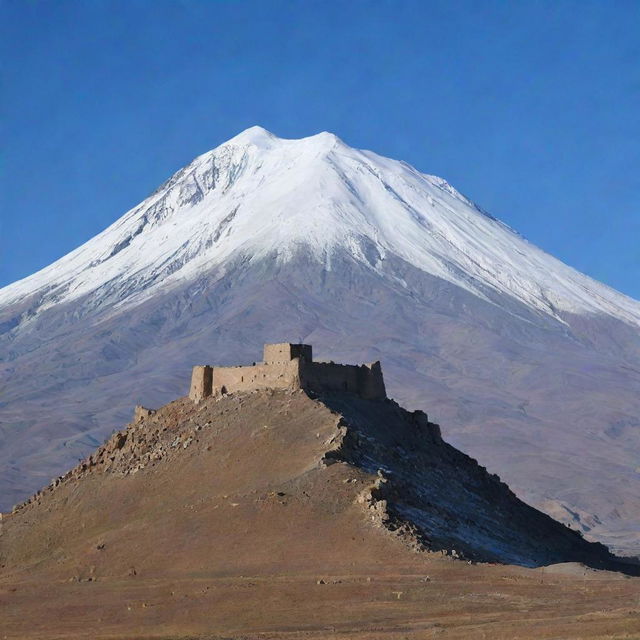 A majestic Sassanid castle perched atop the rugged slopes of Mount Damavand, under a crisp azure sky with snow-capped peak in the background.