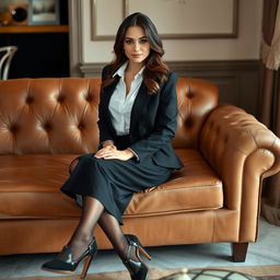 A stylish brunette woman elegantly dressed in a fitted black blazer over a pristine white shirt, paired with a sleek black skirt and sheer black pantyhose