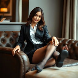 A stylish brunette woman elegantly dressed in a fitted black blazer over a pristine white shirt, paired with a sleek black skirt and sheer black pantyhose